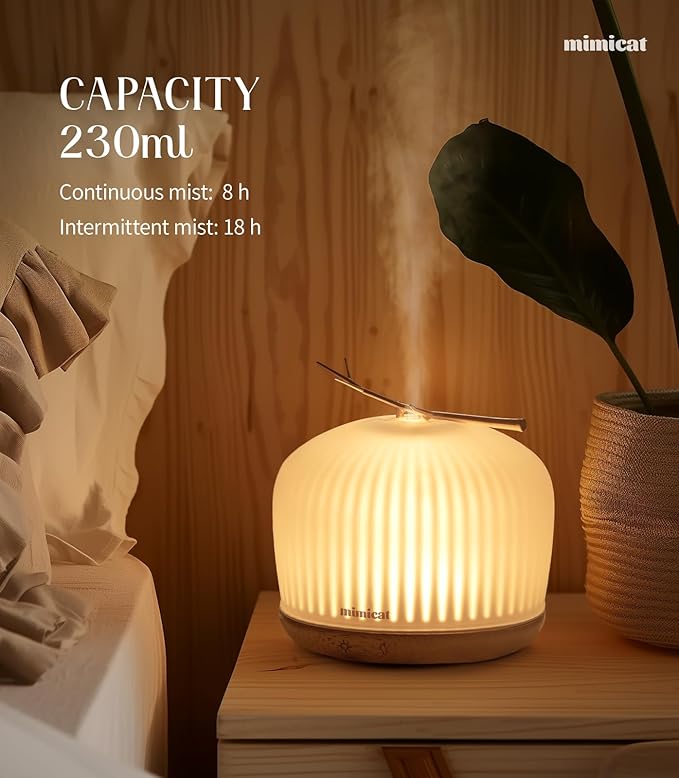 mimicat Quiet Aromatherapy Diffuser Glass: 230ML Ultrasonic Cool Mist Scent for Home with Night Light - Aesthetic for Women Girls