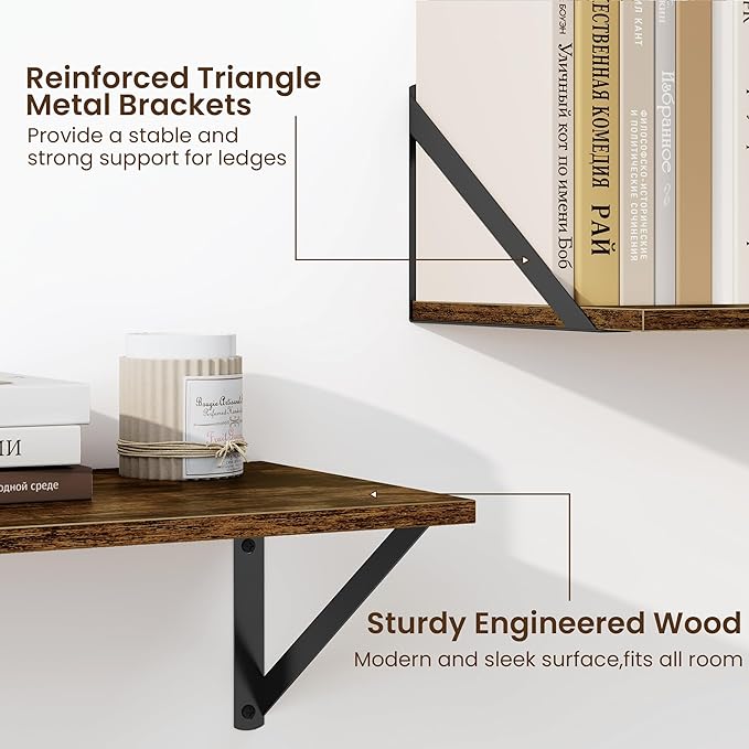 Fun Memories Deep Floating Shelves for Wall, 55W x 8D Wall Mounted Shelves Set of 2, Wide Display Ledge Shelf with Sturdy Metal Brackets for Living Room, Bathroom, Bedroom and Kitchen, Rustic Brown