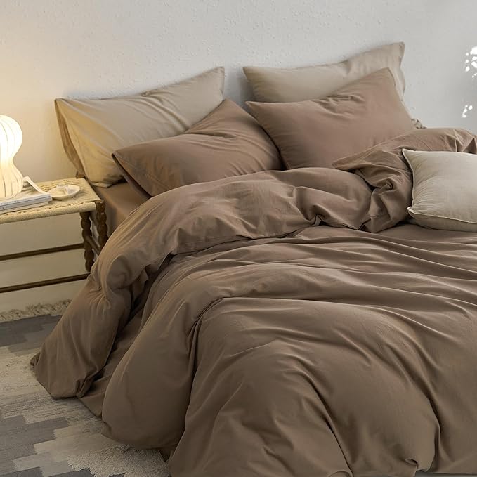 MooMee Super King Duvet Cover Set, 100% Washed Cotton Linen Like Twill Thick Sturdy Material Super Soft Breathable Durable Bedding for All Season, 3 Pieces (Bombay Brown, Super King 108"x98")