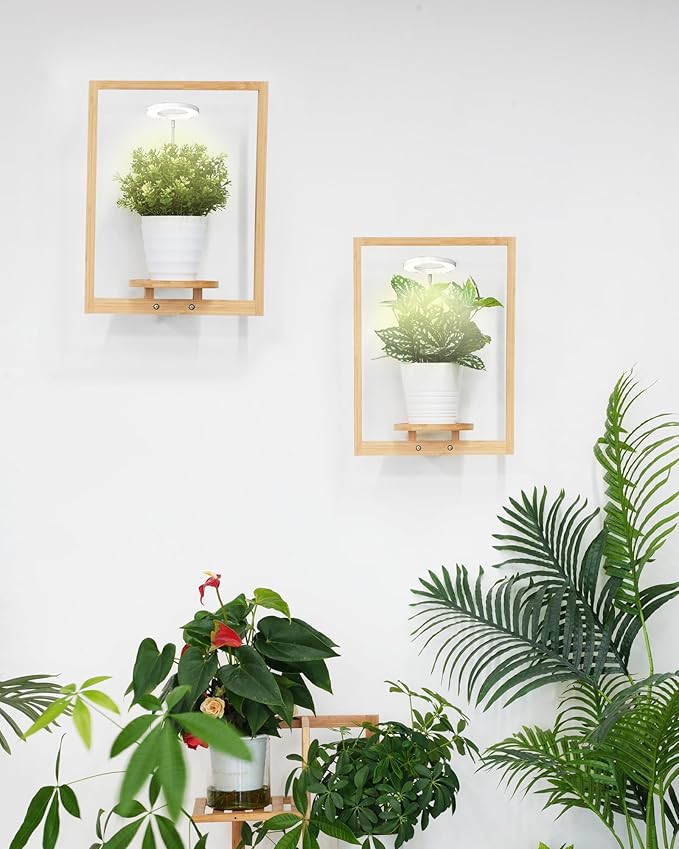 yadoker Wall Planters for Indoor Plants,Bamboo Hanging Plant Holders, Wall Decor Plant Stand, 2-Pack Window Plant Shelves with Plant Light> for Living Room & Entryway