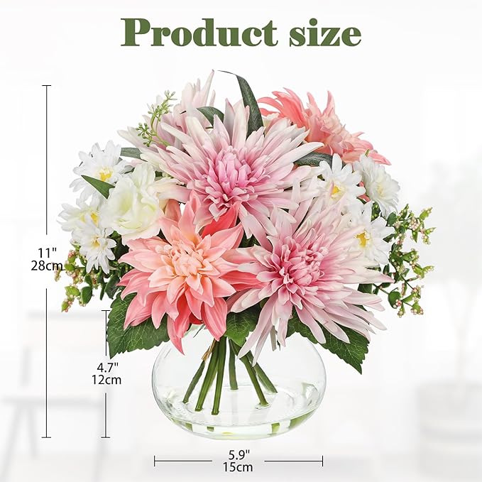 Briful Fake Flower Arrangement in Glass Vase, 11" Faux Dahlia Silk Flowers Centerpiece Table Decorations Pink Mixed Floral Bouquet for Home Office Dining Room Coffee Table Wedding Decor