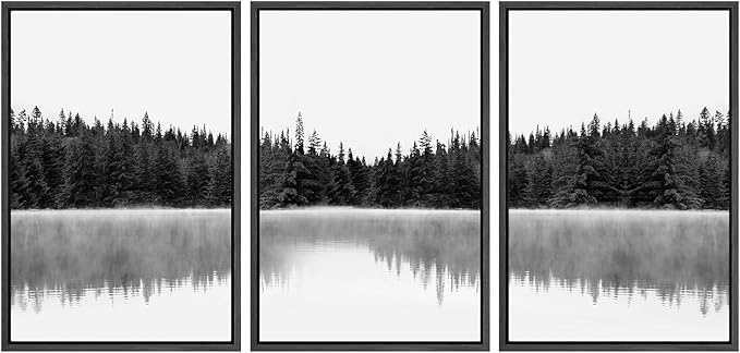 SIGNWIN 3 Piece Framed Canvas Wall Art Woodland Nursery Decor Black and White Forest with Lake Nature Abstract Traditional Home Artwork Decoration for Living Room,Bedroom - 24"x36"x3 Black