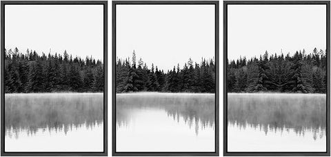 SIGNWIN 3 Piece Framed Canvas Wall Art Woodland Nursery Decor Black and White Forest with Lake Nature Abstract Traditional Home Artwork Decoration for Living Room,Bedroom - 24"x36"x3 Black