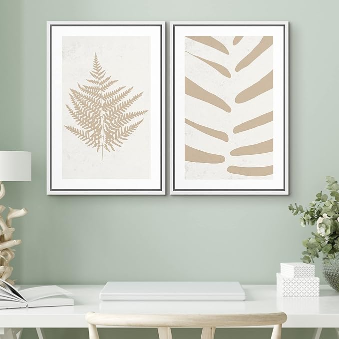 SIGNWIN Framed Canvas Print Wall Art Set Tan White Forest Plant Silhouettes Nature Wilderness Illustrations Modern Art Rustic Closeup Minimal for Living Room, Bedroom, Office - 24"x36"x2 White