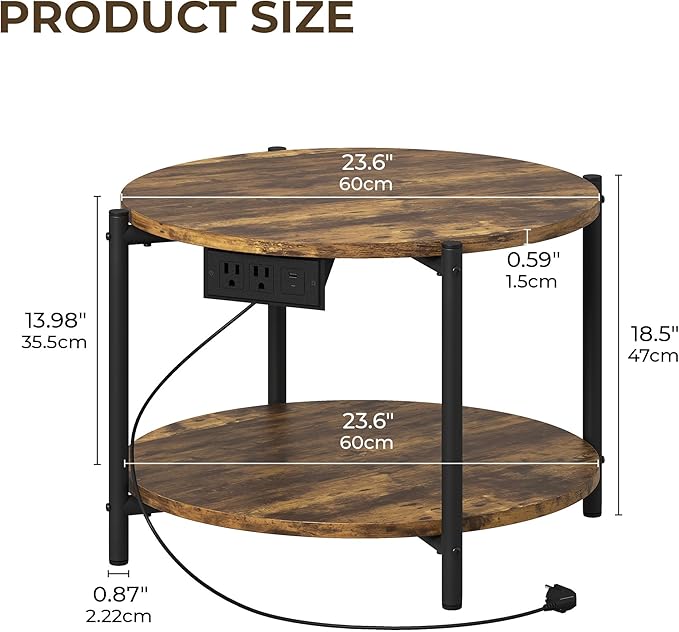 LIKIMIO Round End Table with Charging Station, 23.6" W Wooden Side Table with 2-Tier Storage, Modern Nightstand for Small Spaces, Living Room, Bedroom, Rustic Brown