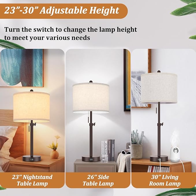 Modern Brown Table Lamps Set of 2, 23’’-30’’ Adjustable Bedroom Lamps with 2 USB Ports, Living Room Lamp Set with Cream Linen Shade, Industrial Desk Lamp for Nightstand End Table Home Office Reading