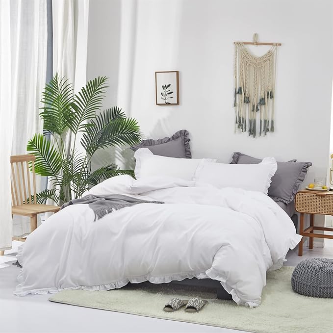 Luxlovery White Comforter Set California King Ruffle White Bedding Comforter Set Plain White Shabby Chic Farmhouse Blanket Quilts Vintage Rustic Bedding Set for Cal King Bed
