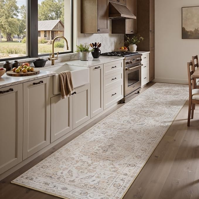 PADOOR-Vintage Runner Rug 2X10 Runners for Hallways-Soft Beige Washable Bedside Rugs for Bedroom-Non Slip Long Rug for Hallways Entryway Laundry Room Stair Kitchen Bathroom
