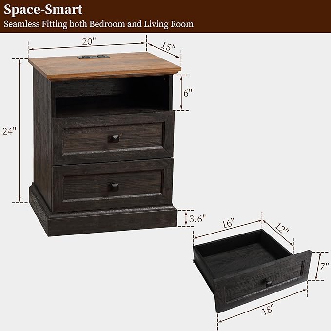 Night Stand Set of 2 with Charging Station, Bedside Table with 2 Drawers Storage and Open Shelf, Wood Farmhouse Nightstands with Outlets for Bedroom Office, Espresso