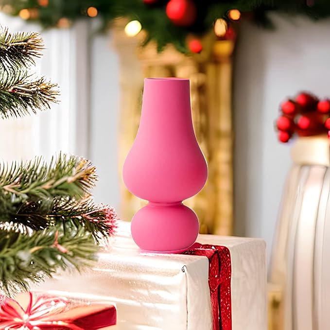 BLOFLO Hot Pink Ceramic Vase, Colorful Ceramic Vase, Modern Dried Flower Vases, Pink Round Vase for Centerpieces Wedding Dinner Table Party Office, Housewarming Gift (2 Layers Pink)