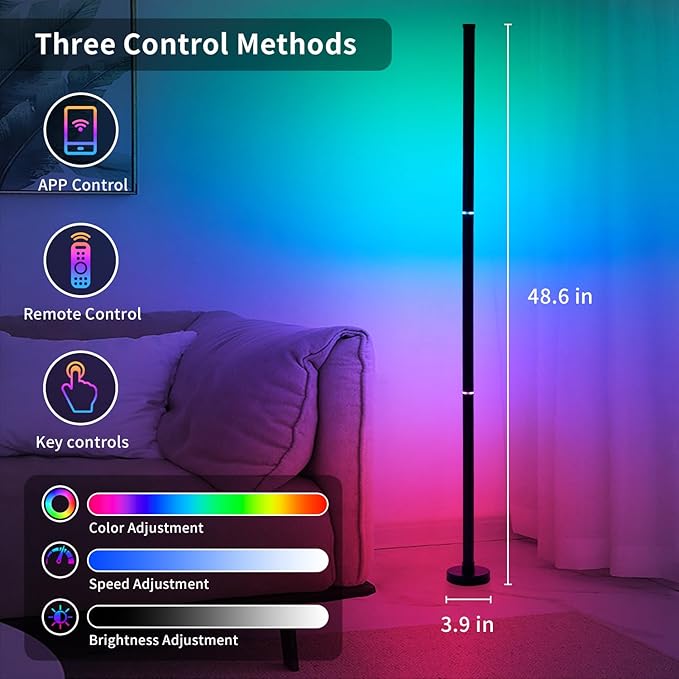 Corner Floor Lamp, Smart RGB Floor Lamp with Music Sync and 16 Million Colors, Color Changing Standing Floor LED Lights for Bedroom Living Room Decor, Ambient Mood Lighting Gaming Black (2 Pack)