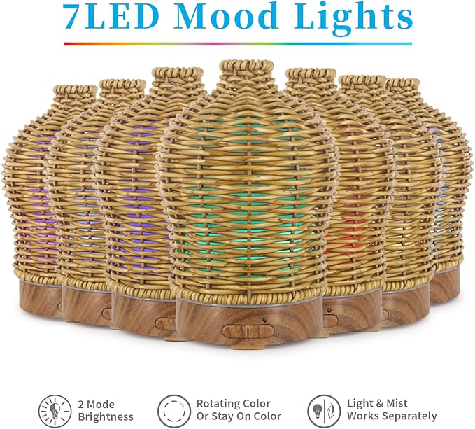 Essential Oil Diffuser - Multifunction Aromatherapy Diffuser 7 LED Color Changing Light 150ML Rattan Diffuser Easy to Clean Suitable for Home,Office（Brown）