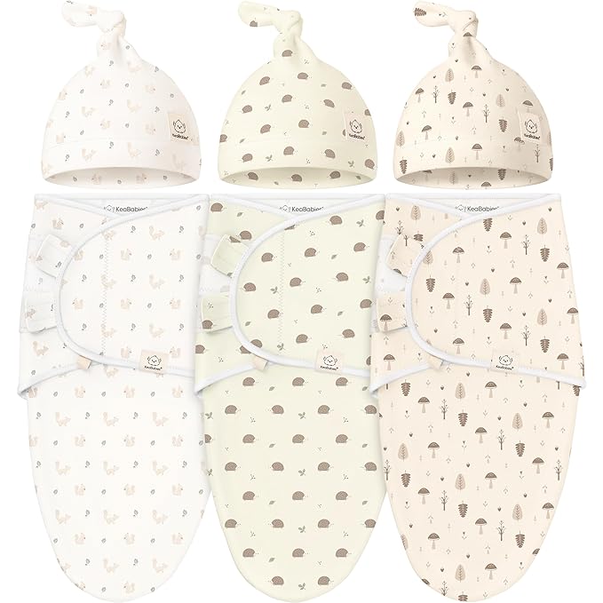 KeaBabies 3-Pack Swaddles for Newborns, Girls, Boys with Hats - Organic Soft Baby Sleep Sacks, Breathable Baby Swaddle 3-6 Months Beanies Set, Premie Infant Sleep Sack 0-3 Months (Nibbles/Bruce)