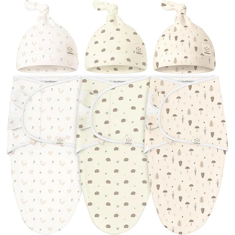 KeaBabies 3-Pack Swaddles for Newborns, Girls, Boys with Hats - Organic Soft Baby Sleep Sacks, Breathable Baby Swaddle 3-6 Months Beanies Set, Premie Infant Sleep Sack 0-3 Months (Nibbles/Bruce)