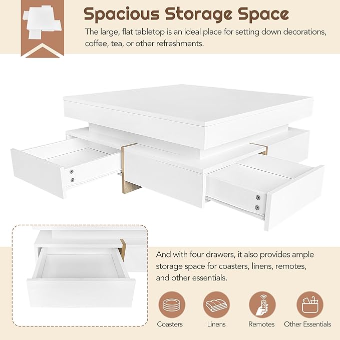 Modern Coffee Table with Storage, Contemporary Square Coffee Table with Drawers, High Gloss Modern Center Table for Living Room, Reception Room, Office, White, 31" D X 31" W X 11" H