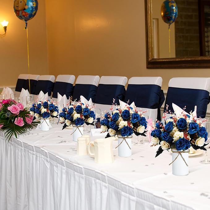 Domensi 12 Sets Wedding Centerpiece for Table Artificial Rose with Vase Fake Bouquets and Metal Pot Floral Arrangements for Holiday Party Event Table Decor (Dark Blue)