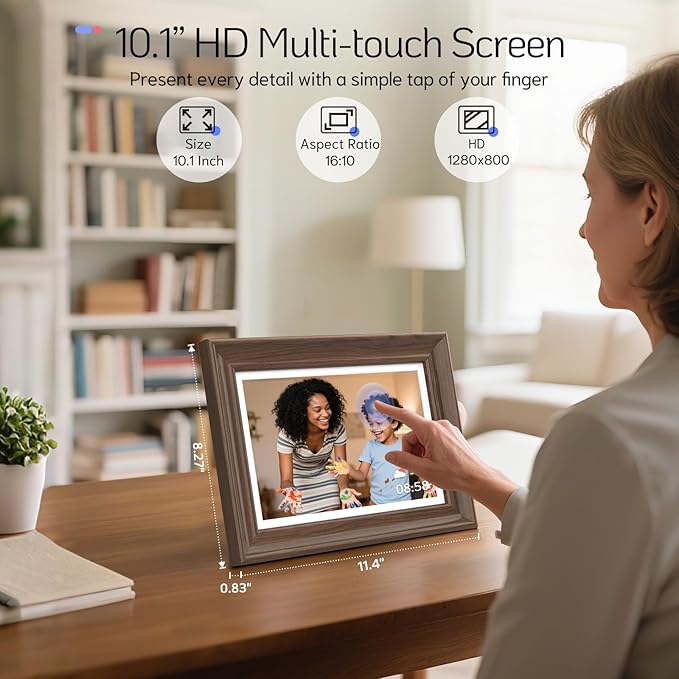 NexFoto WiFi Digital Picture Frame 10.1 Inch Touchscreen, HD 1280x800 64GB Digital Frame, Add Photos from Google Photos, Share Videos via App/USB/Micro SD, Gift for Mom/Birthday (Walnut)
