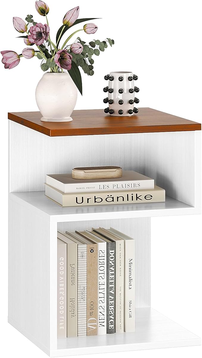 Tokyo S Flip Minimalist 3 Tier End Table - Minimalist 3-Tier Wood Nightstand for Small Spaces with Open Storage - Japanese-Inspired Bedside Table for Bedroom (Reverse, Walnut&White)