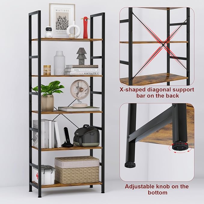 5 Tier Bookshelf Industrial Ladder Shelf Open Display Storage Rack Wood Bookcase with Metal Frame, Freestanding Storage Shelves for Home Office, Living Room, Bedroom, Kitchen (Rust Brown)