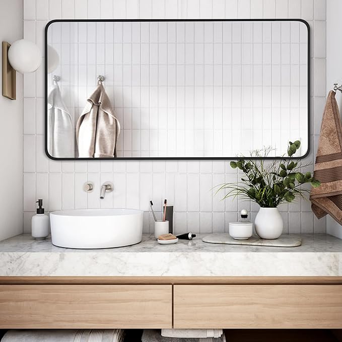 24x40 Inch Rectangle Bathroom Mirror with Black Metal Frame, Rounded Corner Rectangular Vanity Mirror for Wall, Modern Large for Bedroom, Living Room, Horizontal or Vertical