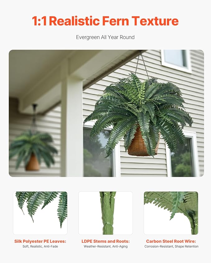 VEVOR Artificial Ferns 2 Pcs, 47 Inch Large Artificial Boston Ferns Plants, Faux Fern with 50 Branches, Artificial Plants Large for Outdoors/Indoor Home, Office,Garden (Flowerpot Unincluded)