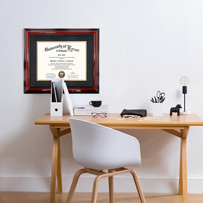 11x14 Diploma Degree Frame with Mat or Display 15x18 Certificates without Mat,Solid Wood,Cherry Finish with Intricate Black Rope Detail,UV Protection Acrylic