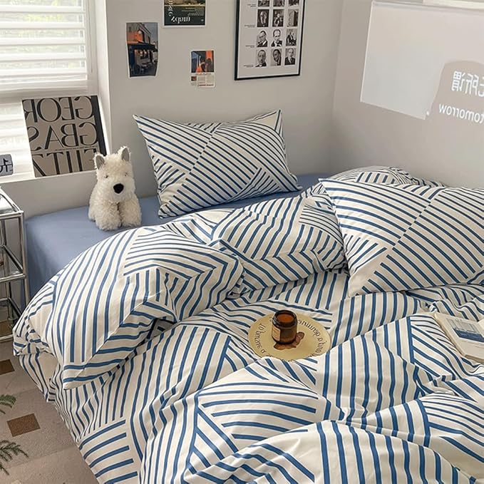 VM VOUGEMARKET Blue Striped Bedding Set King,Instagram Style Geometric Duvet Cover with Zipper Ties 100% Cotton Modern Fashion Bedding Set for Men Women-104x90 Inch