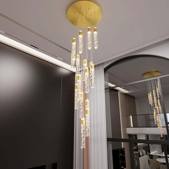 118inch Long Spiral Staircase Chandelier for High Ceilings Gold Crystal Bubble Column Chandeliers Large Foyer Ceiling Chandeliers (Led Dimmable 16 Light)