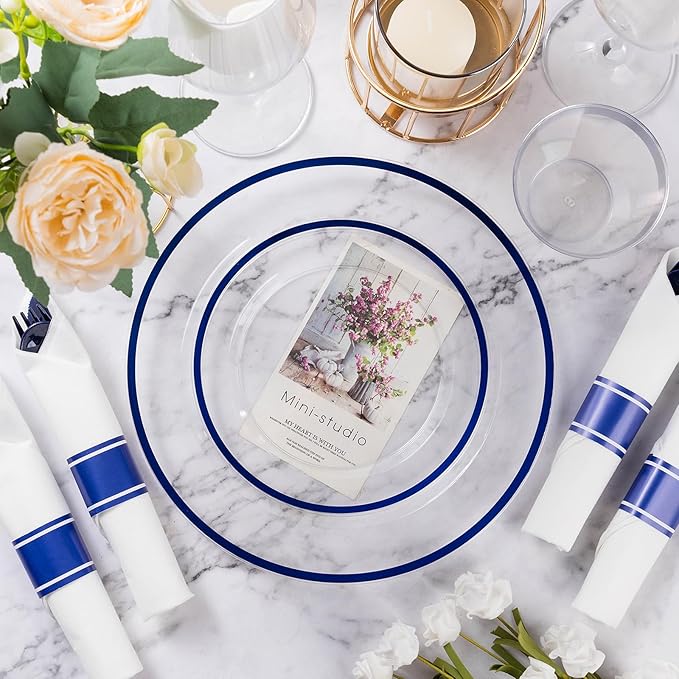 Goodluck 700 Piece Dark Blue Plastic Dinnerware Set for Party, Clear Disposable Plates for 100 Guests, Include: 100 Dinner Plates, 100 Dessert Plates, 100 Pre Rolled Napkins with Cutlery Set, 100 Cups