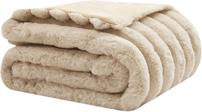 WDCOZY Faux Fur Throw Blanket Striped Super Soft Cozy Fluffy Luxurious Blankets Couch Bed Sofa Chair Home Decor Warm Furry Fall Winter Plush Lightweight Rabbit Fur Bubble Blanket 50" x 60", Beige