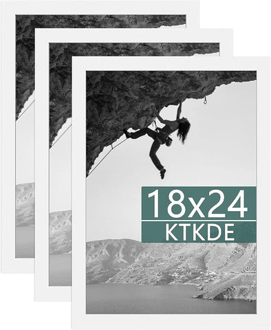 KTKDE18x24 Poster Frame White 3 Pack, 24 x 18 Picture Frames Wooden with Polished Plexiglass,Horizontal or Vertical Wall Mounting Hanging Large Studio Gallery Photo Frames Wall Art