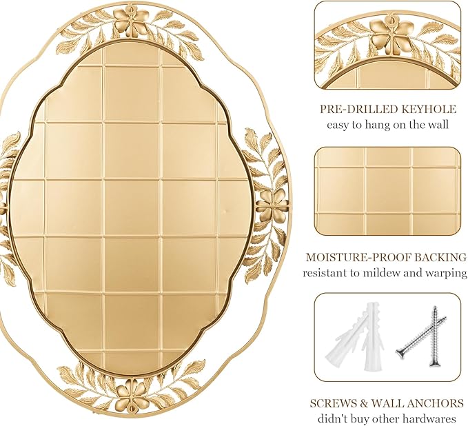 Gold Mirrors for Wall, 22"x29" Oval Metal Frame Decorative Mirror, Chic Floral Ornate Hanging Vanity Mirror for Dresser, Bathroom, Mantel,Entryway