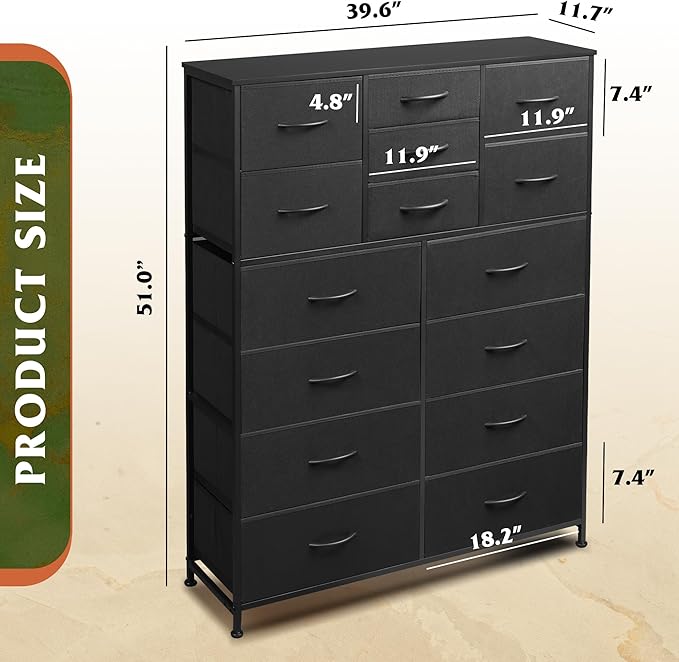 WLIVE Tall Console Table with 15 Fabric Drawers, Entryway Table with Storage, Tall Storage Organizer with Wood Top, Steel Frame for Living Room, Hallway, Office, Black