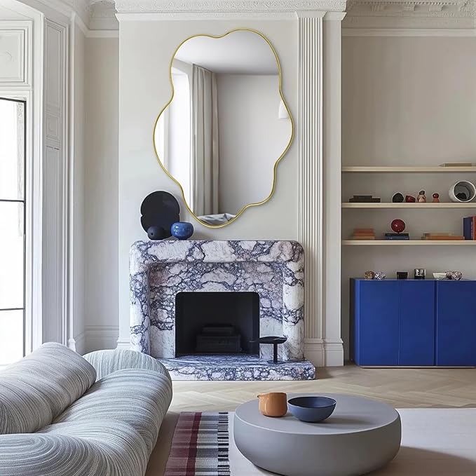 Gold Irregular Mirror, 43.7"x29.5" Asymmetrical Wall Mirror, Scalloped Decorative Mirrors, Modern Wavy Shaped Mirrors for Living Room Bathroom Bedroom Hallway Entryway Fireplace