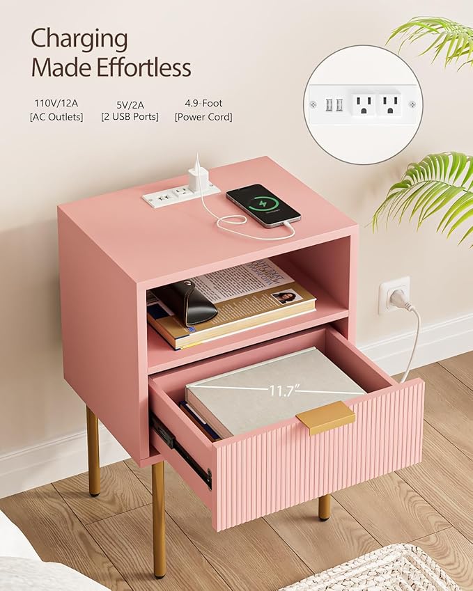 Nightstand,Morden Bedside Table with Gold Frame,Small White Night Stand,End Table,Bedside Furniture,Side Table with Drawer and Shelf for Bedroom,Living Room (1Drawer, Pink-Outlet)