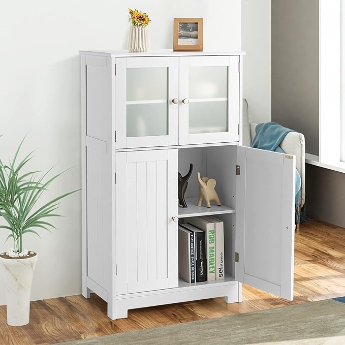 GOFLAME Bathroom Storage Cabinet, Freestanding Storage Cabinet with 4 Doors, Wooden Kitchen Cupboard with Adjustable Shelf, Buffet Sideboard, Multipurpose Home Organizer for Bathroom, Kitchen, White