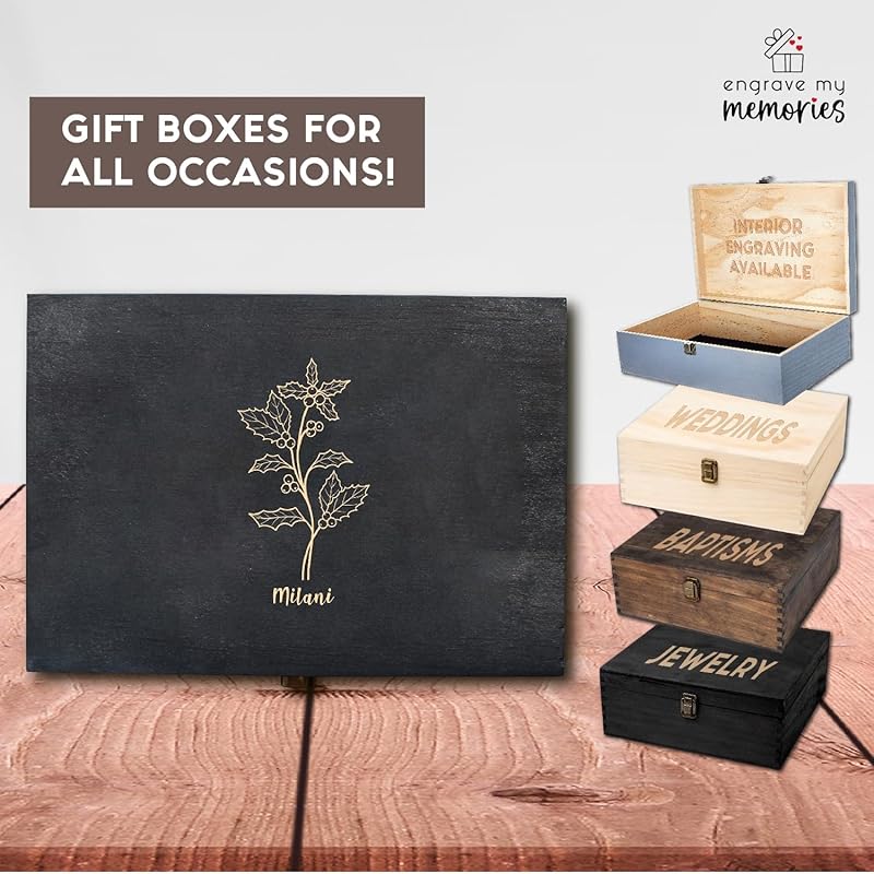 Personalized Birth Flower Memory Box Custom Engraved Wooden Keepsake Chest with Floral Design - Storage Boxes for Jewelry Photos Memento Keepsakes Customized Gifts for Women Birthday Mother's Day