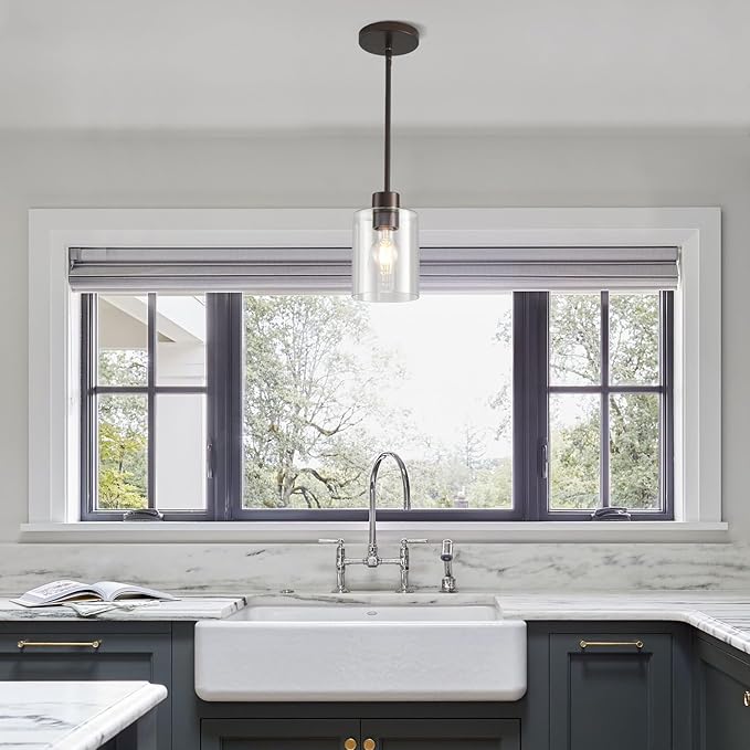 Oil Rubbed Bronze Pendant Lights Kitchen Island - Clear Glass Pendant Light Fixture Multiple Stems Rods 3 Units 12 Inch 3 Units 4 Inch (2 Pack Oil Rubbed Bronze Downrod)