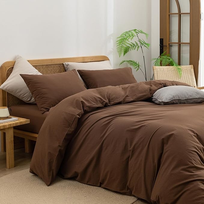 BESTOUCH Duvet Cover Set 100% Washed Cotton Linen Feel Super Soft Comfortable Chic Lightweight 3 PCs Home Bedding Set Solid Cocoa Brown Super King Plus
