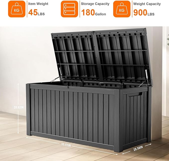 ROJIK Outdoor Storage Housing Deck Box - Waterproof Patio Furniture, Garden Tools, Cushions, Pool Accessories Storage Bench with Lockable Lid and Side Handles (Black, 180 Gal)