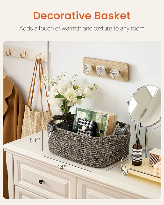 KALLAX Small Woven Basket, 14 x 10 x 5.6 Inches, Small Storage Baskets for Organizing, Gift Baskets Empty, Cute Rope Shelf Closet Storage Bins for Shelves, Dog Toy Basket, Black & Brown Mixed