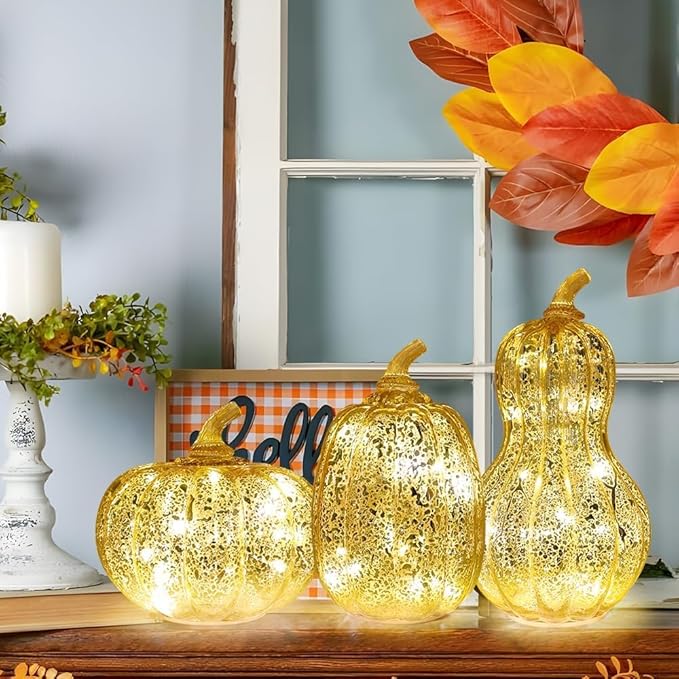 NEEDOMO Lighted Glass Pumpkin Decor, Set of 3 Gold Mercury Glass Pumpkins with Lights and Timer for Fall Thanksgiving Decorations, LED Collectible Figurines Fall Centerpiece for Tables Home
