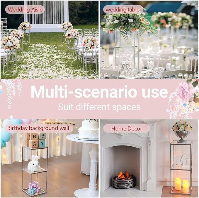2-Tier Metal Flower Stand Set with Acrylic Shelves, Geometric Display Rack for Wedding Centerpieces, Party Decor, Tall Floor Vase Stand (Silver, 2 Pcs-25)