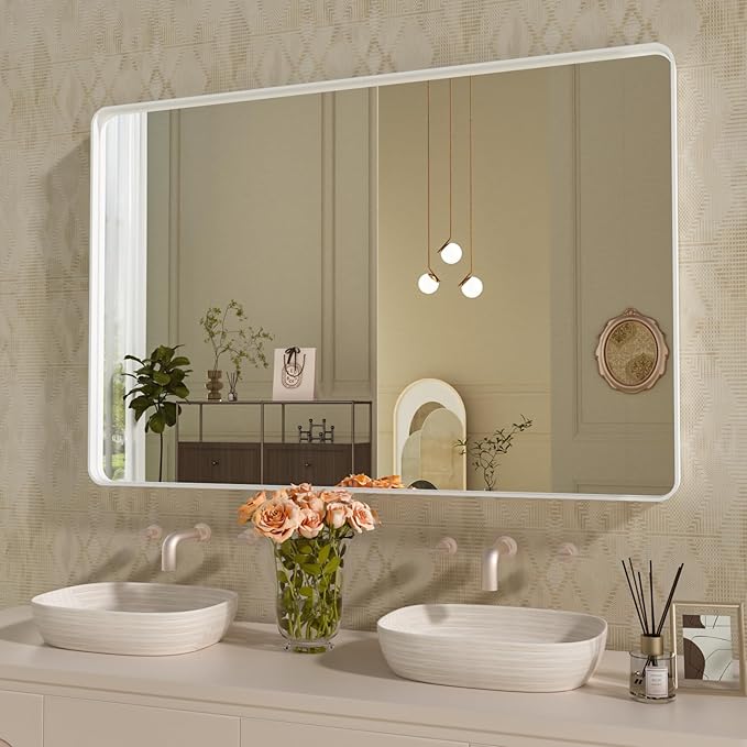 WEER White Bathroom Mirror 48X30 Inch, Rounded Rectangle White Metal Frame Mirror, Matte White Bathroom Vanity Mirror with Tempered Glass, Anti-Rust, Hangs Horizontally or Vertically