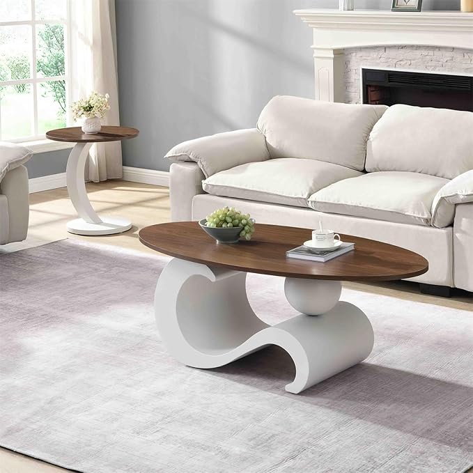 2 Piece Living Room Set, Modern Nest Coffee Table Set of 2, Wooden Brown Tabletop Oval Coffee and End Table Set with White Metal Geometric Base