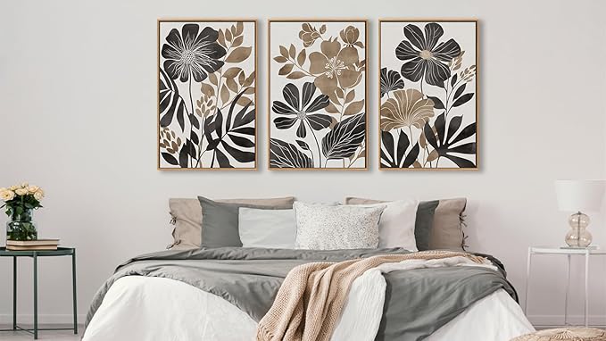 Large Framed Canvas Wall Art - Natural Float Framed Rustic Black Flowers Leaves Pictures Decor Brown Floral Foliage Artwork for Bedroom Living Room Kitchen Home Office Decoration 48" X 24" Set of 3