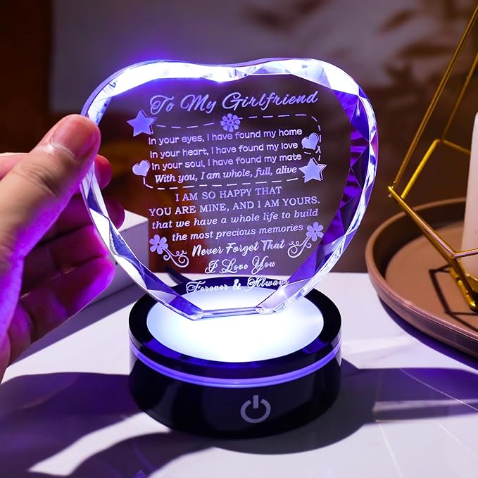 YWHL Gifts for Girlfriend with Colorful Base Romantic Heart Crystal Keepsakes to My Girlfriend Gifts from Boyfriend on Birthday Anniversary I Love You Gifts for Her