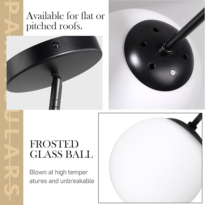 8" Globe Pendant Light Black Mid Century Modern Light Fixture Milk Glass Pendant Light Globe Pendant Lights Kitchen Island Matte Black Finished with Milk Glass Lampshade for Dining Room