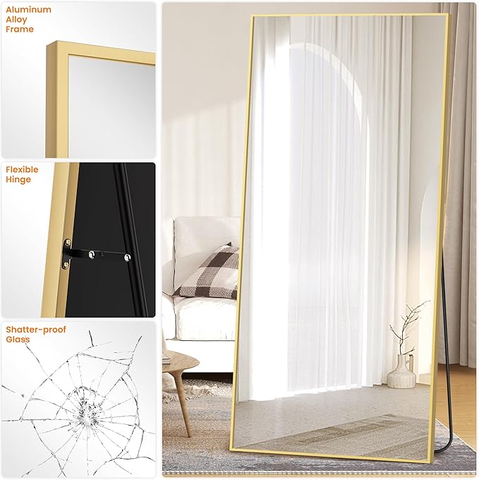 Full Length Mirror, 75"x35" Rectangle Standing Floor Full Body Mirror for Wall with Aluminum Alloy Frame for Bedroom, Living Room, Dressing Room(Gold)