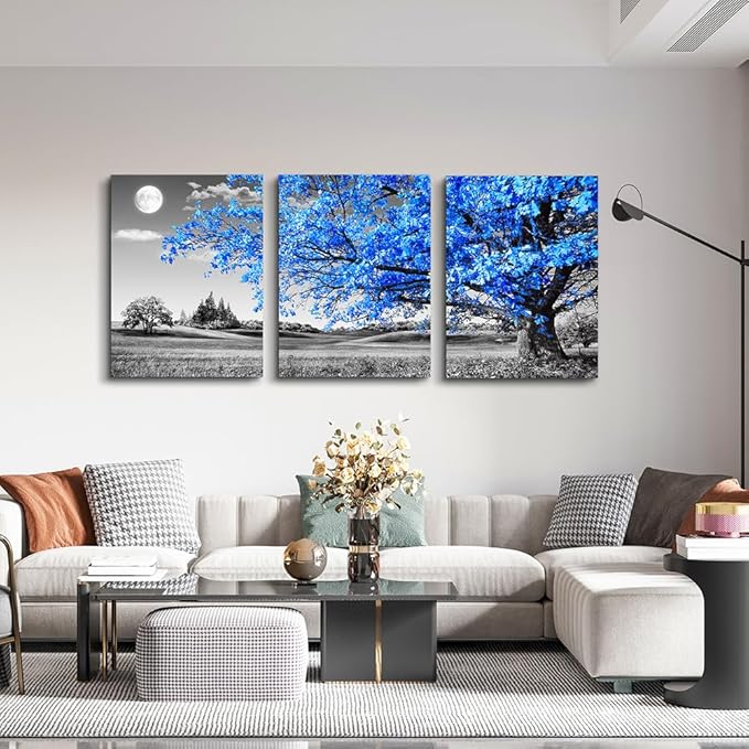 DZRWUBHS 3 Piece Canvas Wall Art For Living Room Modern Wall Decor For Office Black And White Blue Tree Wall Painting Scenery Wall Pictures Artwork For Bedroom Room Home Decor Prints Art 20" X 28"